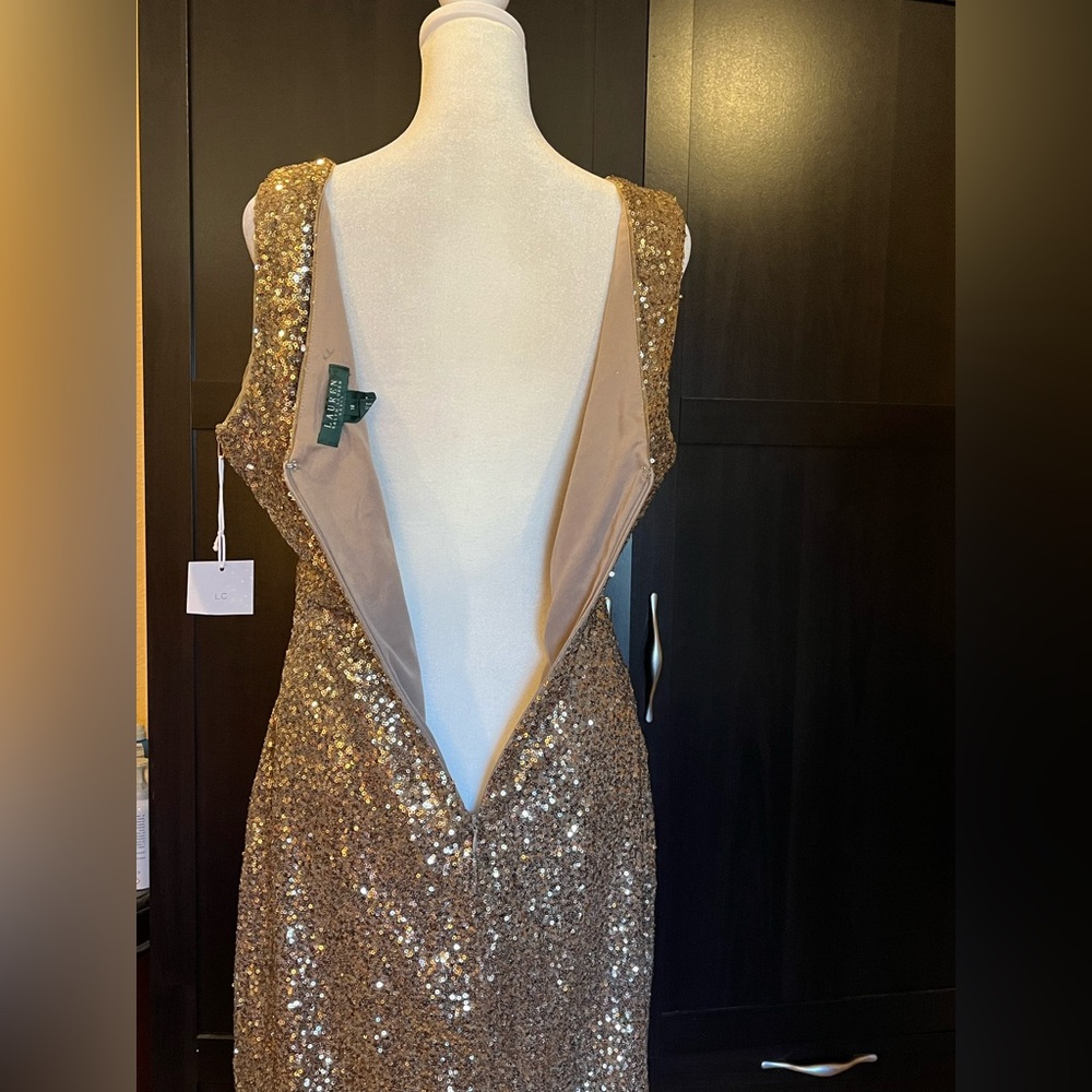 Ralph Lauren Gold Sequined Dress. V-Neck, V-back. Cocktail, formal, party. 14-16 - Picture 7 of 11